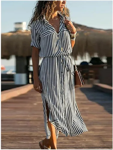 Miniatura 2 de Vestido de camisa de mujer Maxi vestido largo negro naranja manga corta rayas primavera verano