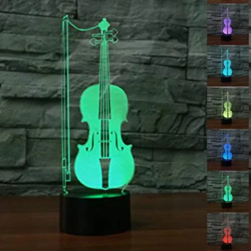 3D Violín Guitarra Luz Nocturna Lámpara LED Ilusión 7 Cambio de Color Interruptor Táctil Mesa Decoración Lámparas Acrílico Plano ABS Base USB Cable