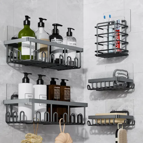 Miniatura 8 de Juego de 5 organizadores adhesivos para ducha, organizador de acero inoxidable a prueba de óxido para almacenamiento en el baño con gran capacidad