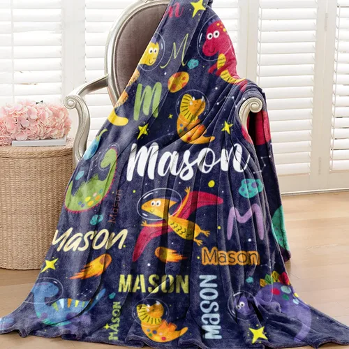 Miniatura 7 de Manta personalizada de dinosaurio para niños, manta con nombre personalizado para niños Dino Outspace, manta de dinosaurio de franela suave