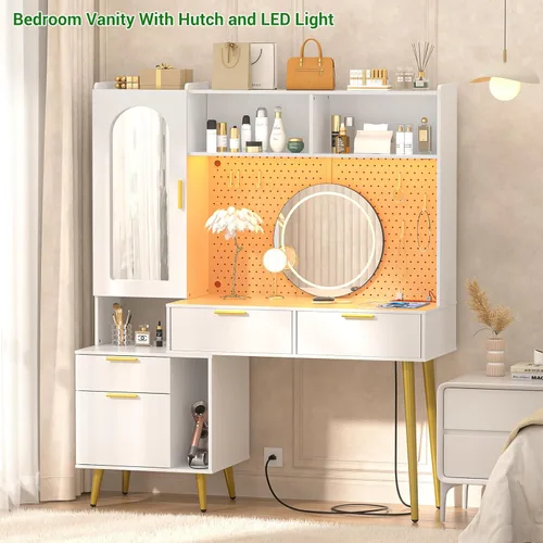 Miniatura 6 de Armocity Tocador de maquillaje de 48 pulgadas con aparador, tocador de dormitorio blanco con estación de carga y LED, mesa de tocador alta