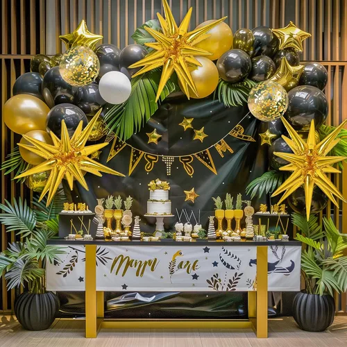 Miniatura 7 de RUBFAC 140 piezas Globos negros y dorados, globos de látex con confeti de estrella en negro y oro metálico de 5, 10, 12, 18 pulgadas para 2026, Año