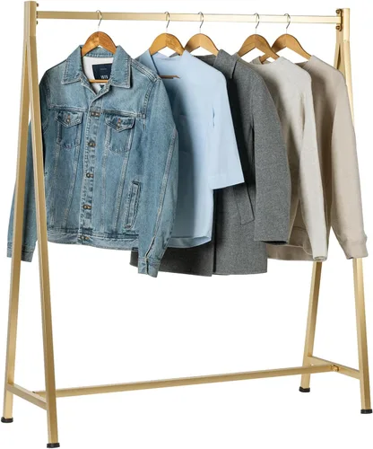Miniatura 8 de MyGift Percheros de ropa modernos de metal resistente de 47 pulgadas con marco en A para colgar ropa, percheros independientes de grado comercial