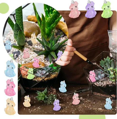 Miniatura 7 de Fuyamp 60 piezas de mini unicornio de resina luminoso miniatura que brilla en la oscuridad, adorno de unicornio pequeño para jardín, paisaje