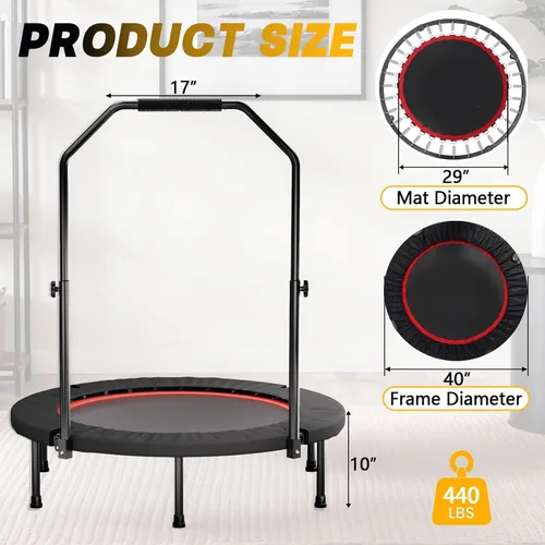 Miniatura 9 de Trampolín plegable portátil Fitnes en el hogar, mini rebote para niños, adultos, carga máxima de 40 pulgadas, 330 libras Negro (Black with handle)