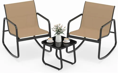 Miniatura 10 de HAPPYGRILL Juego de 3 piezas de bistró para patio con mesa superior de vidrio, sillas mecedoras de bistró, juego de muebles de patio pequeños, juego