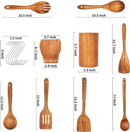 Miniatura 2 de Cucharas de madera para cocinar, 9 utensilios de madera de teca natural para cocinar, juego de utensilios de cocina de madera y juego de utensilios