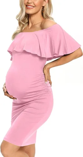 Miniatura 2 de AONESX Vestido de maternidad ajustado con volantes y hombros descubiertos, vestido de embarazo formal para baby showerfotografía