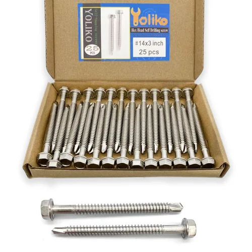 Tornillos autoperforantes con cabeza hexagonal de arandela #14 x 3 (1 a 3 pulgadas), acero inoxidable 410, tornillos Tek de chapa autorroscantes, 25