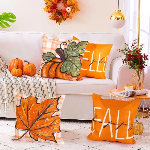 Miniatura 7 de YUJUN Paquete de 4 fundas de almohada decorativas de otoño, 18 x 18 pulgadas, diseño de búfalo, calabaza, hojas de arce, Acción de Gracias, otoño