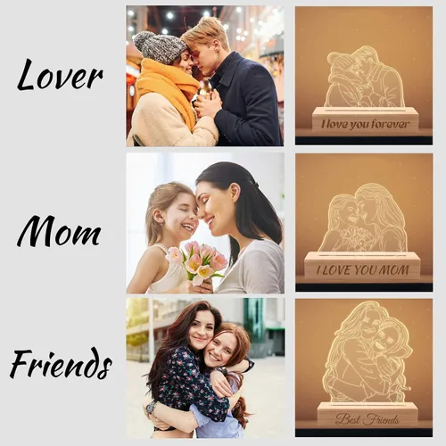 Miniatura 3 de Lámpara de fotos personalizada de ilusión de retrato 3D, placa grabada con imagen personalizada, luz nocturna con base de madera, lámpara LED