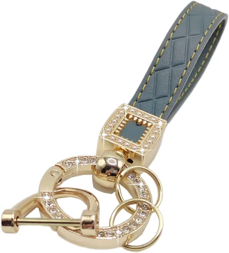 Miniatura 12 de Llavero de cuero de microfibra, llaveros de diamantes brillantes para mujer, soporte para llavero de automóvil con rotación de 360 grados