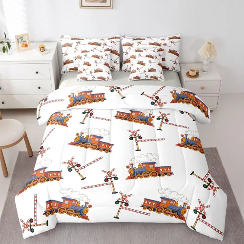 Miniatura 28 de Feelyou Juego de edredón de tren vintage de 7 piezas, diseño retro de motor de vapor para niños y niñas, juego de ropa de cama retro de tren