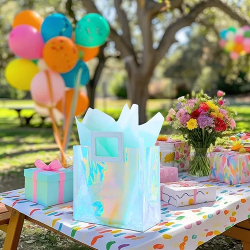 Miniatura 3 de Bolsa de regalo pequeña holográfica de 8.3 pulgadas con papel de seda, reutilizable, bolsa de regalo de cumpleaños para niñas y mujeres, S