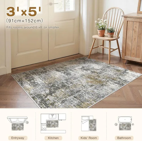 Miniatura 2 de kakania Alfombra lavable de 3 x 5, antideslizante, moderna, de pelo bajo, para entrada, dormitorio, cocina, baño, apta para niños, mascotas, robot
