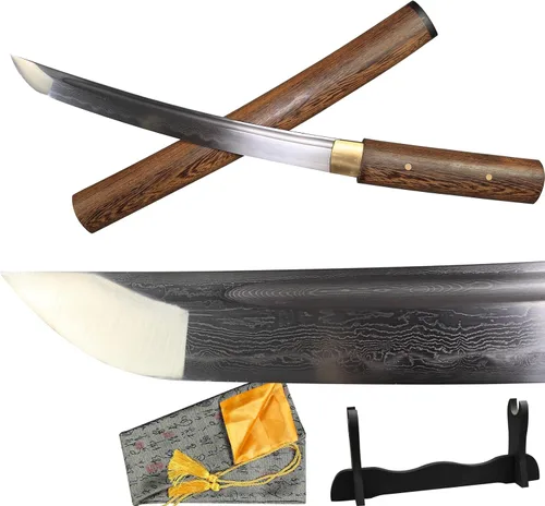 Miniatura 13 de Tanto Japonés Hecho a Mano de Acero Damasco Templado en Arcilla Espada Katana Corta Afilada de 20 Pulgadas