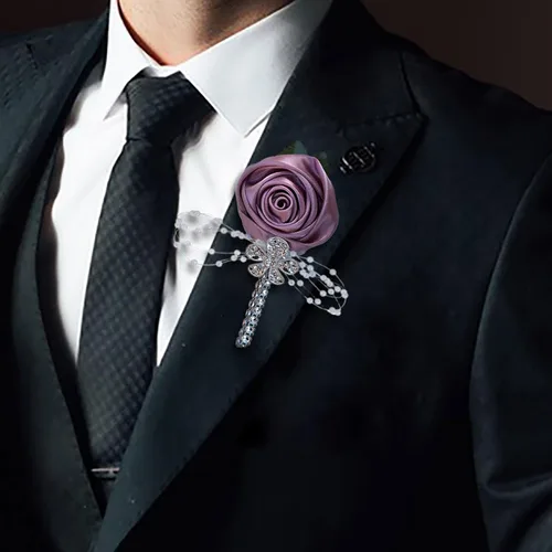Miniatura 14 de Boutonniere de flores artificiales, paquete de 2 piezas para boda, tela de seda sintética, rosa Boutonniere para iglesia, boda, equipo, novio, Rosa