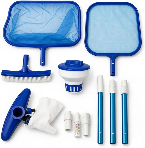 FibroPool Kit de mantenimiento de piscina sobre el suelo – Poste telescópico, red desnatadora de hojas, cabezal de vacío, cepillo de piscina,