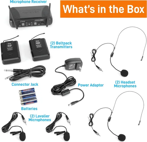 Miniatura 2 de Pyle Sistema de micrófono inalámbrico de 2 canales, juego de micrófono digital UHF portátil con 2 auriculares, 2 solapas, 2 transmisores, cable de ¼