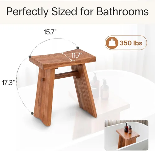 Miniatura 2 de StrongTek Taburete de ducha de teca, banco de baño de madera de teca maciza preaceitada de 18 pulgadas para baño, spa y hogar, asiento ergonómico