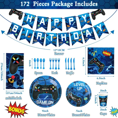 Miniatura 2 de Tiamon 172 piezas de decoración de fiesta de videojuegos – Sirve 24 suministros de vajilla de fiesta de juegos que incluyen pancartas de feliz