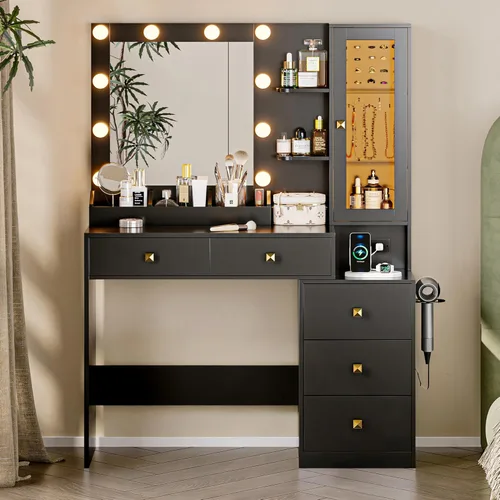 Miniatura 18 de Escritorio de tocador con espejo y luces, tocador de maquillaje negro con 5 cajones, organizador de joyas oculto y gabinete de cristal LED, 3 modos