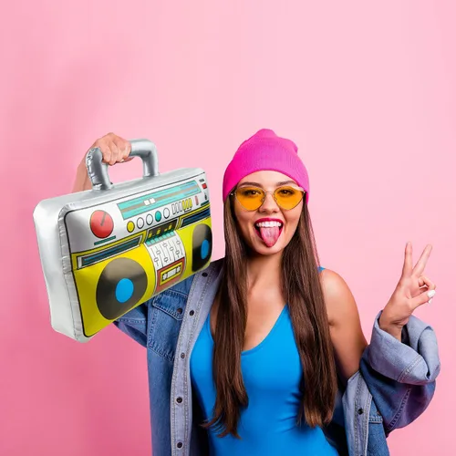 Miniatura 3 de Paquete de 6 micrófonos inflables de radio Boombox para teléfonos móviles inflables para decoraciones de fiesta de los años 80 y 90, temática de hip