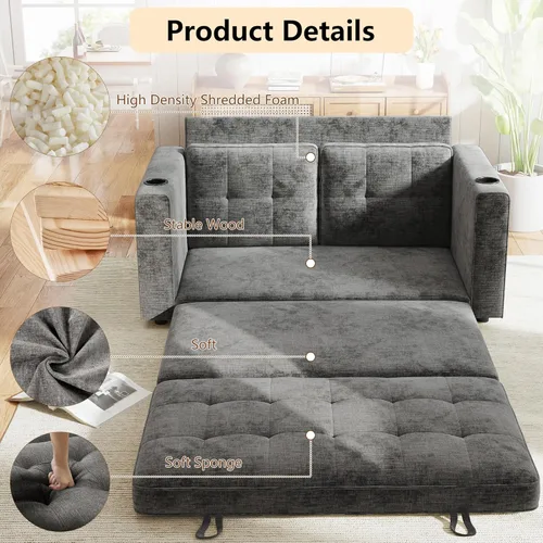 Miniatura 6 de WorthFurni Sofá Cama Convertible, Sofá Cama Plegable 2 en 1, Loveseat Sofá Cama Extraíble, Sofá Cama de Piso para Espacios Pequeños, Sofá Cama Gris