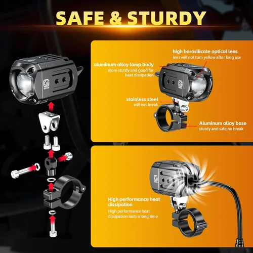 Miniatura 5 de Kit de luces LED auxiliares para motocicleta Kewig, luces de conducción, focos antiniebla color blanco/ámbar con soportes de montaje, arnés de Negro