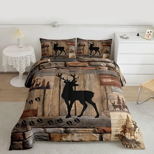 Miniatura 17 de Manfei Rutic Farmhouse - Juego de edredón tamaño King, juego de ropa de cama de retazos de madera a cuadros de ciervo, oso, árbol, 3 piezas