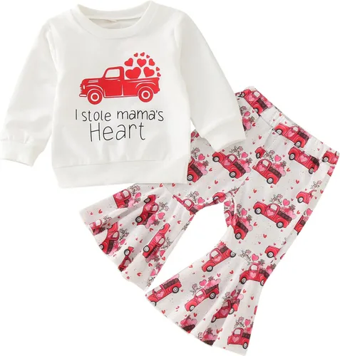 Toddler Winter Long Sleeved Valentine's Day Letter Tops Love Car Print Flare Pants 2pcs School Shirts for Teen