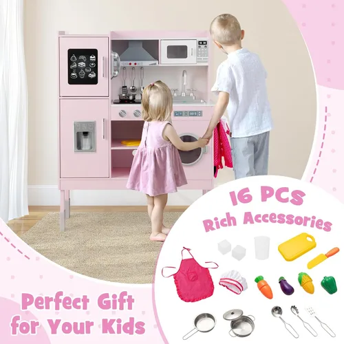 Miniatura 6 de HONEY JOY Juego de cocina para niños, cocina de madera para niños pequeños, microondas, utensilios de cocina, lavadora, campana extractora, pizarra