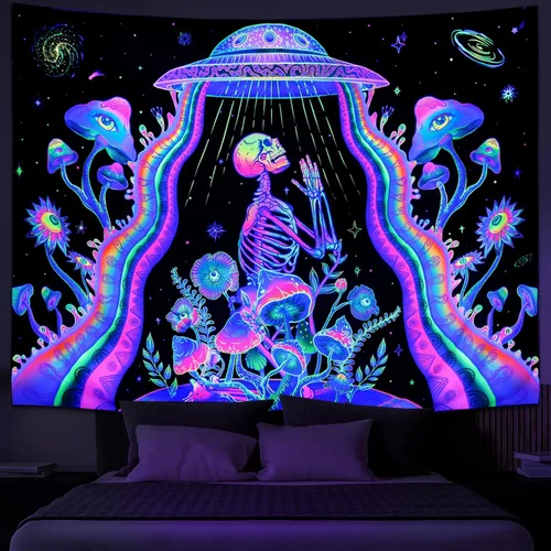 Galoker Tapiz de esqueleto de luz negra, tapiz floral de plantas de fantasía, tapiz reactivo a los rayos UV, tapiz OVNI extraterrestre galaxia,