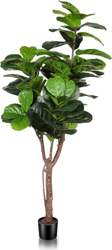 LYERSE Árbol de higuera artificial de hoja de violín, planta de ficus lyrata falsa de 5 pies con 78 hojas de violín decorativas en maceta de