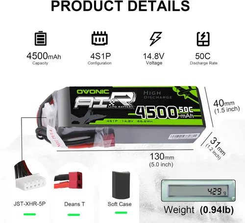 Miniatura 2 de OVONIC Paquete de 2 baterías 4S 14.8V 4500mAh 50C LiPo con enchufe en T estilo Dean para RC Evader BX Car, RC Truggy RC Avión UAV Drone FPV