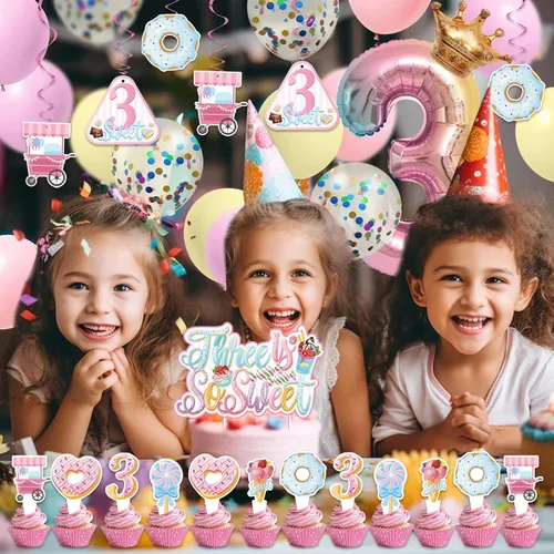 Miniatura 6 de JUYRLE Decoraciones de 3er Cumpleaños Feliz para Niñas - decoraciones de tercer cumpleaños rosa, decoración de fiesta de cumpleaños de helado