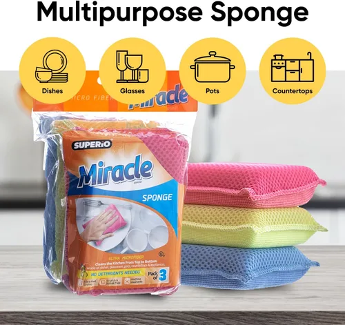 Miniatura 7 de Superio Miracle - Esponjas de microfibra para cocina, paquete de 3 unidades, rojo, amarillo y azul, esponja kosher antiarañazos, limpieza multiusos