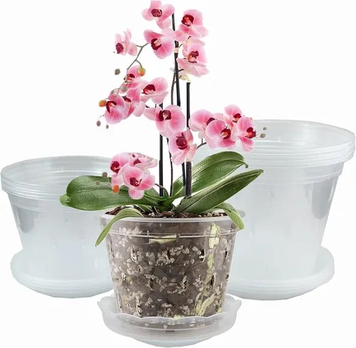 DESOMINOR Paquete de 6 macetas de orquídeas transparentes, macetas de plástico de 4.8 pulgadas, 5.6 pulgadas y 7 pulgadas con agujeros y platillos,