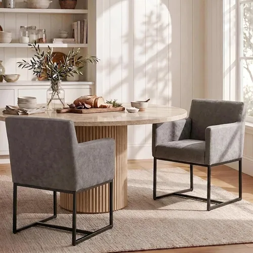 Miniatura 15 de HNY Juego de 6 sillas de comedor tapizadas modernas de mediados de siglo con brazos, sillas decorativas de lino con marco de metal con acabado Marco