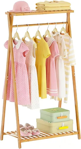 Perchero de bambú para niños, pequeño estante de ropa para niños, estante de vestir para niños con 2 estantes de almacenamiento, perchero portátil