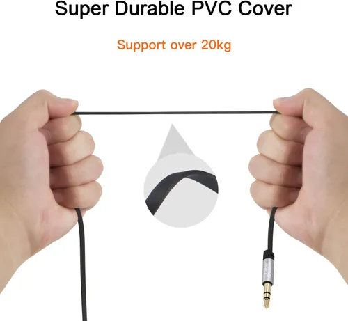 Miniatura 2 de CableCreation Cable auxiliar, 6 pies/5.9 ft plano de 0.138 in, cable estéreo auxiliar de 90 grados en ángulo recto compatible con automóvil, estéreo