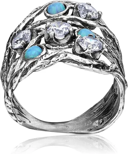 Miniatura 5 de Anillo de plata de ley 925 con 3 ópalo redondo azul y 4 circonitas cúbicas redondas blancas, aspecto vintage bohemio, hipoalergénico, sin níquel ni