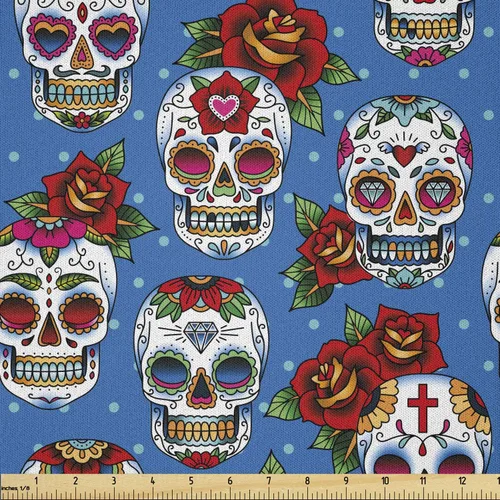 Miniatura 11 de Ambesonne The Yard, tela de calavera colorida con temática de Halloween, diseño de calavera y huesos cruzados, divertido estampado de dibujos