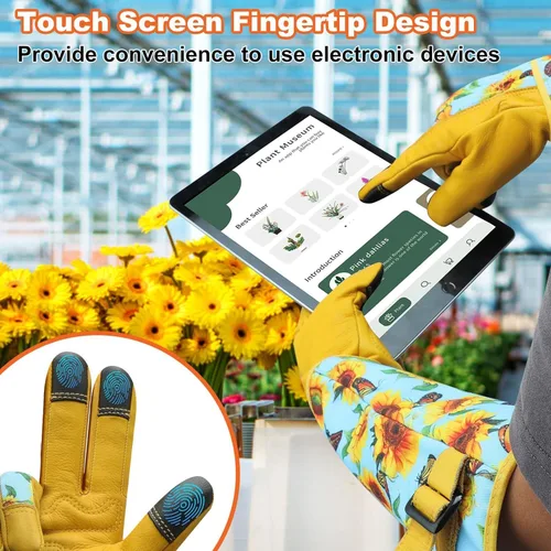 Miniatura 7 de DLY Guantes de jardinería para mujeres, guantes para rosas resistentes a espinas, guantes largos de jardín para mujeres, guantelete de cuero vacuno
