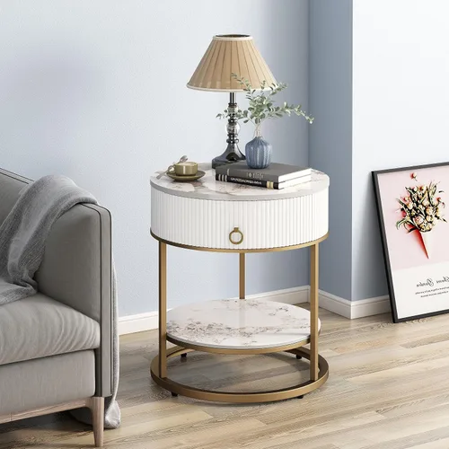 Miniatura 8 de OIOG Mesa auxiliar redonda con cajón, mesita de noche de 2 niveles con estante, mesa auxiliar moderna con patas doradas para sala de estar, Dorado