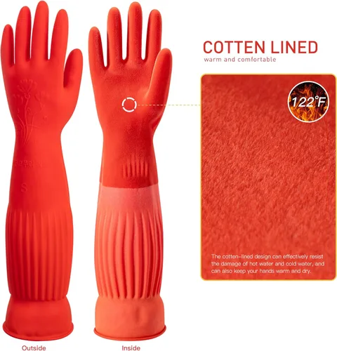 Miniatura 6 de ThxToms Guantes de goma para limpieza de platos (2 pares), forrados con forro polar, reutilizables, impermeables, con puño extralargo y diseño
