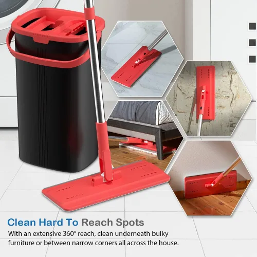 Miniatura 5 de TETHYS Juego de trapeador y cubo de piso plano para sistema profesional de limpieza de suelos del hogar con mango de aluminio/2 almohadillas