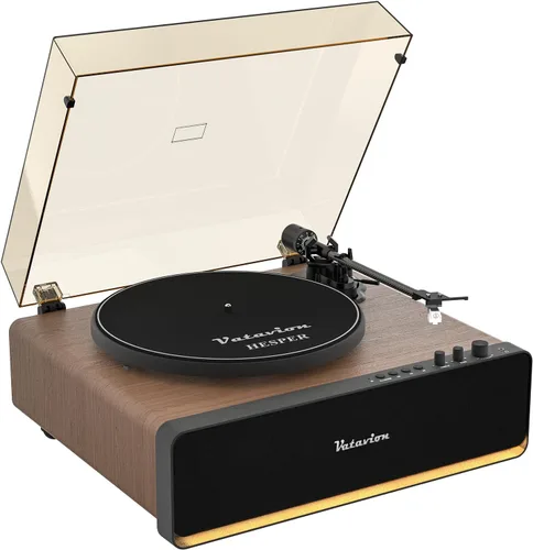 Tocadiscos de vinilo Bluetooth con altavoces, 2 velocidades 33/45 RPM, cartucho magnético AT-3600L, luz ambiental LED, madera de nogal