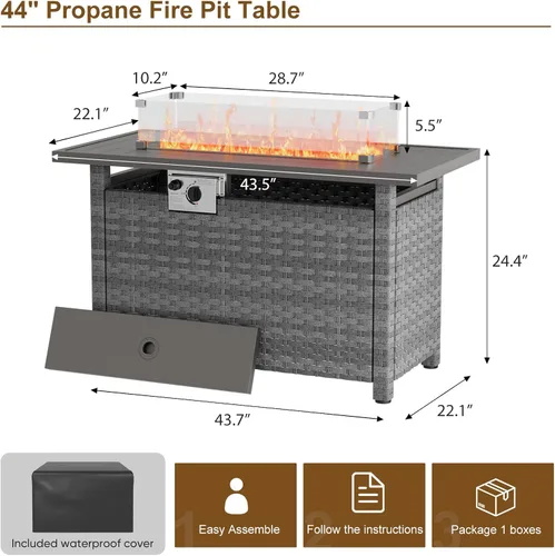Miniatura 6 de Mesa para fogata de 44 pulgadas con protector contra el viento para exteriores, fogatas de gas propano de encendido automático, mesa rectangular