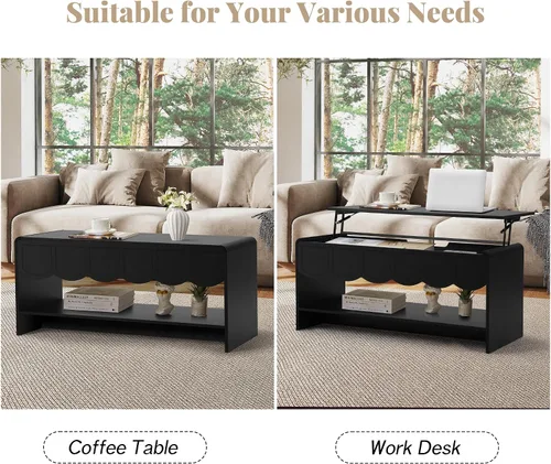 Miniatura 5 de Mesa de centro elevable con compartimento oculto, mesa central de madera de 2 niveles con panel ondulado, moderna mesa elevadora para el hogar, sala